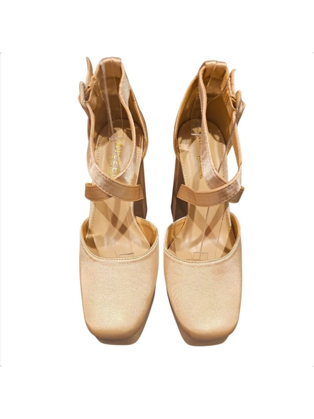 Block Heel Satin Platform Shoes With Cross-Strap Design Elegant Champagne Evenin - Picture 14 of 14